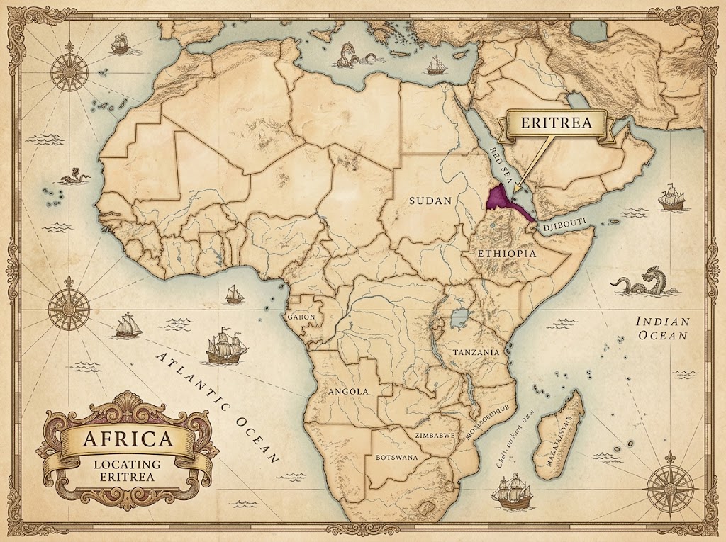 Illustrated map of Africa with Eritrea highlighted on the Red Sea