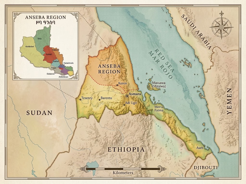 Illustrated map of Eritrea showing the Anseba region, Keren and Asmara